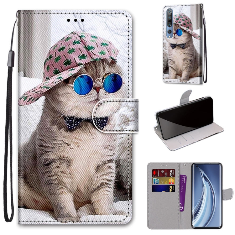 

For Xiaomi Mi 10 5G Coloured Drawing Cross Texture Horizontal Flip PU Leather Case with Holder & Card Slots & Wallet & Lanyard(Slant Hat Blue Mirror Cat)