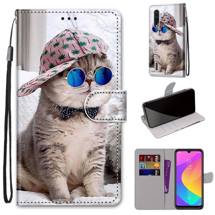

For Xiaomi Mi CC9e / A3 Coloured Drawing Cross Texture Horizontal Flip PU Leather Case with Holder & Card Slots & Wallet & Lanyard(Slant Hat Blue Mirror Cat)