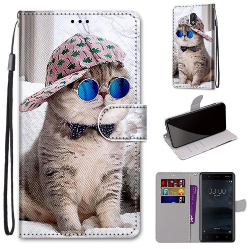 

For Nokia 3 Coloured Drawing Cross Texture Horizontal Flip PU Leather Case with Holder & Card Slots & Wallet & Lanyard(Slant Hat Blue Mirror Cat)