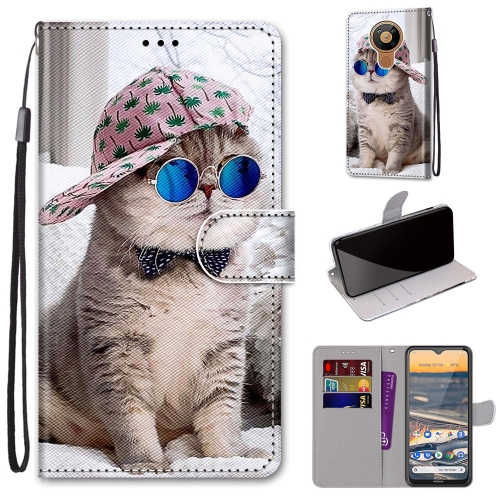 

For Nokia 5.3 Coloured Drawing Cross Texture Horizontal Flip PU Leather Case with Holder & Card Slots & Wallet & Lanyard(Slant Hat Blue Mirror Cat)