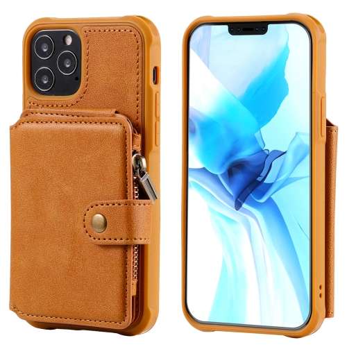 

Zipper Shockproof Protective Case with Card Slots & Bracket & Photo Holder & Wallet Function For iPhone 12 / 12 Pro(Brown)