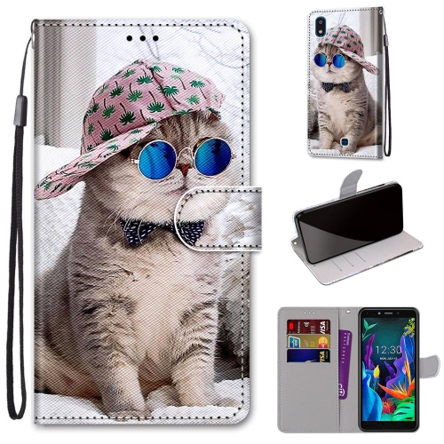 

For LG K20 (2019) Coloured Drawing Cross Texture Horizontal Flip PU Leather Case with Holder & Card Slots & Wallet & Lanyard(Slant Hat Blue Mirror Cat)