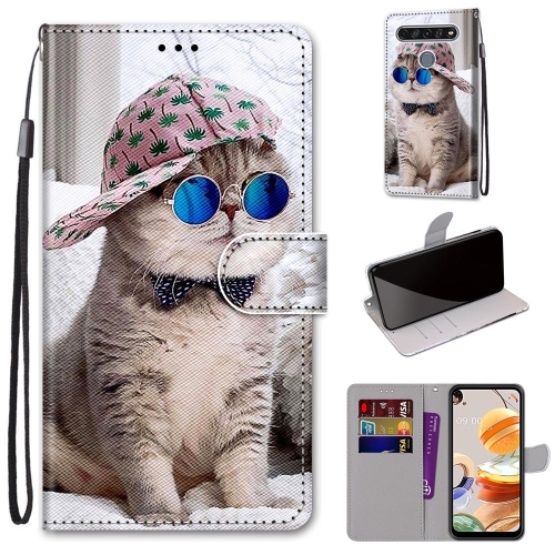 

For LG K61 Coloured Drawing Cross Texture Horizontal Flip PU Leather Case with Holder & Card Slots & Wallet & Lanyard(Slant Hat Blue Mirror Cat)