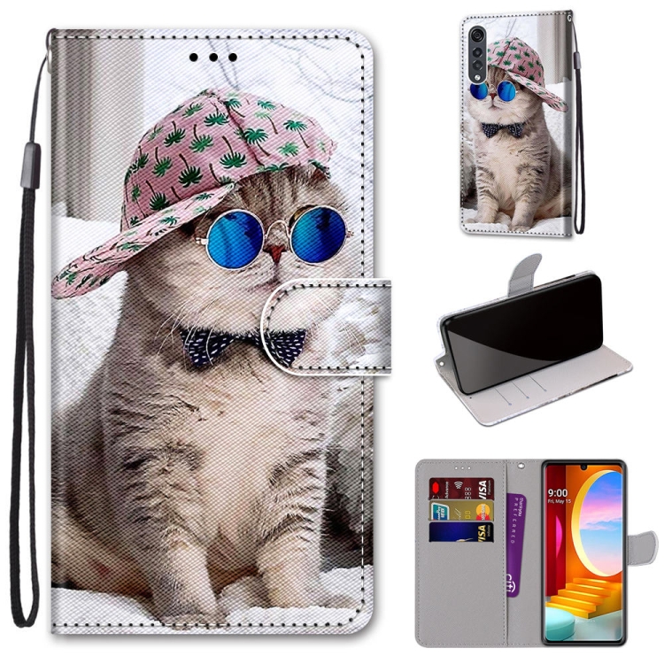 

For LG Velvet Coloured Drawing Cross Texture Horizontal Flip PU Leather Case with Holder & Card Slots & Wallet & Lanyard(Slant Hat Blue Mirror Cat)