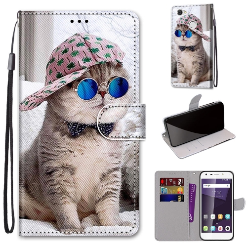 

For ZTE Blade A6 / A6 Lite Coloured Drawing Cross Texture Horizontal Flip PU Leather Case with Holder & Card Slots & Wallet & Lanyard(Slant Hat Blue Mirror Cat)