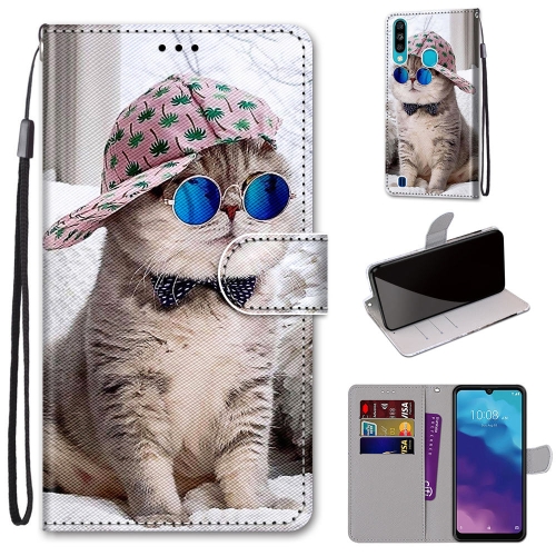

For ZTE Blade A7 2020 Coloured Drawing Cross Texture Horizontal Flip PU Leather Case with Holder & Card Slots & Wallet & Lanyard(Slant Hat Blue Mirror Cat)