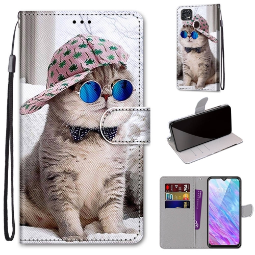 

For ZTE Blade V2020 Smart Coloured Drawing Cross Texture Horizontal Flip PU Leather Case with Holder & Card Slots & Wallet & Lanyard(Slant Hat Blue Mirror Cat)