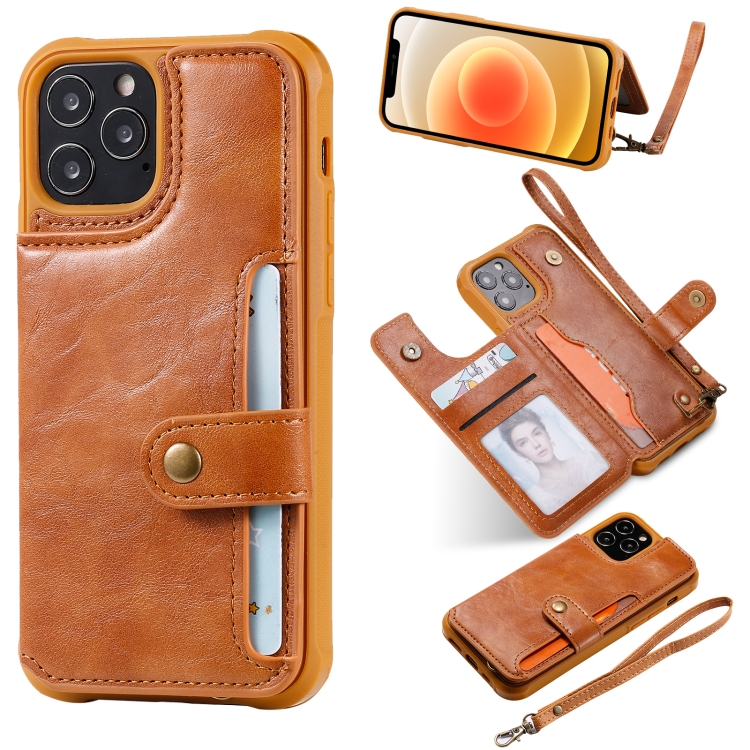

Shockproof Horizontal Flip Protective Case with Holder & Card Slots & Wallet & Photo Frame & Short Lanyard For iPhone 12 / 12 Pro(Brown)