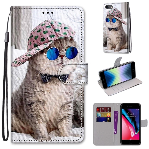 

Coloured Drawing Cross Texture Horizontal Flip PU Leather Case with Holder & Card Slots & Wallet & Lanyard For iPhone SE 2020 / 8 / 7(Slant Hat Blue Mirror Cat)