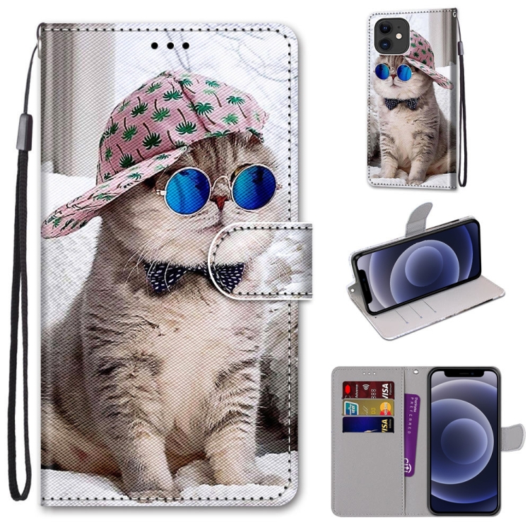 

Coloured Drawing Cross Texture Horizontal Flip PU Leather Case with Holder & Card Slots & Wallet & Lanyard For iPhone 12 mini(Slant Hat Blue Mirror Cat)