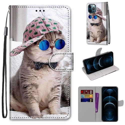 

Coloured Drawing Cross Texture Horizontal Flip PU Leather Case with Holder & Card Slots & Wallet & Lanyard For iPhone 12 Pro Max(Slant Hat Blue Mirror Cat)