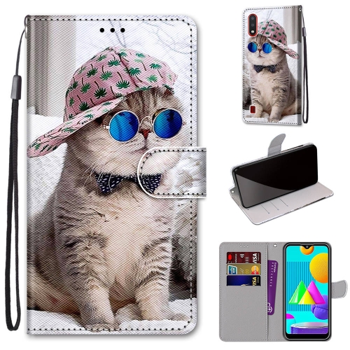 

For Samsung Galaxy M01 Coloured Drawing Cross Texture Horizontal Flip PU Leather Case with Holder & Card Slots & Wallet & Lanyard(Oblique Hat Blue Mirror Cat)