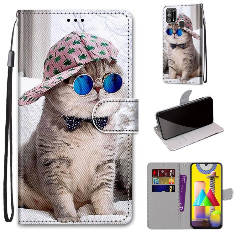 

For Samsung Galaxy M31 Coloured Drawing Cross Texture Horizontal Flip PU Leather Case with Holder & Card Slots & Wallet & Lanyard(Oblique Hat Blue Mirror Cat)