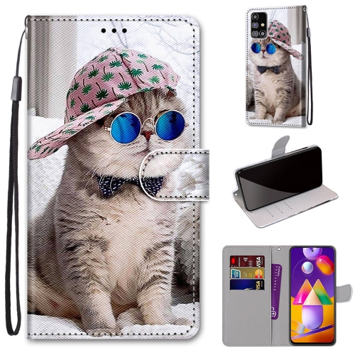 

For Samsung Galaxy M31s Coloured Drawing Cross Texture Horizontal Flip PU Leather Case with Holder & Card Slots & Wallet & Lanyard(Oblique Hat Blue Mirror Cat)