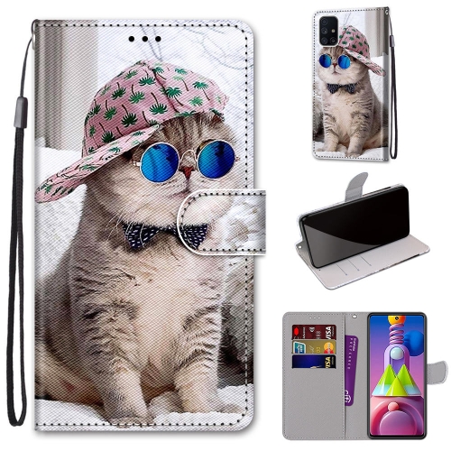 

For Samsung Galaxy M51 Coloured Drawing Cross Texture Horizontal Flip PU Leather Case with Holder & Card Slots & Wallet & Lanyard(Oblique Hat Blue Mirror Cat)