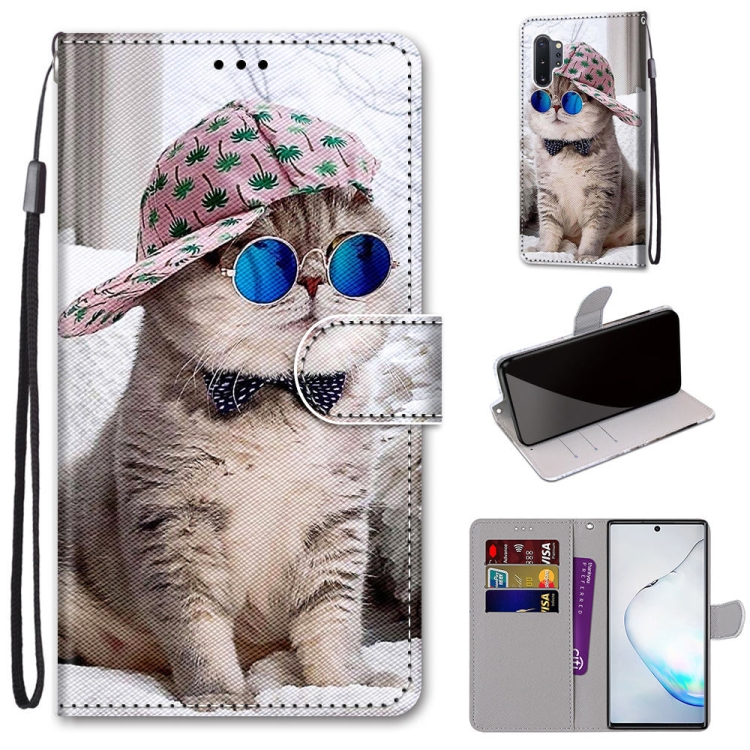 

For Samsung Galaxy Note10+ Coloured Drawing Cross Texture Horizontal Flip PU Leather Case with Holder & Card Slots & Wallet & Lanyard(Oblique Hat Blue Mirror Cat)
