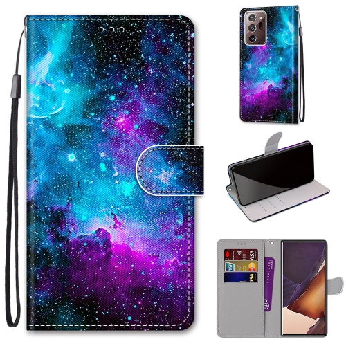 

For Samsung Galaxy Note20 Ultra Coloured Drawing Cross Texture Horizontal Flip PU Leather Case with Holder & Card Slots & Wallet & Lanyard(Purple Green Starry Sky)