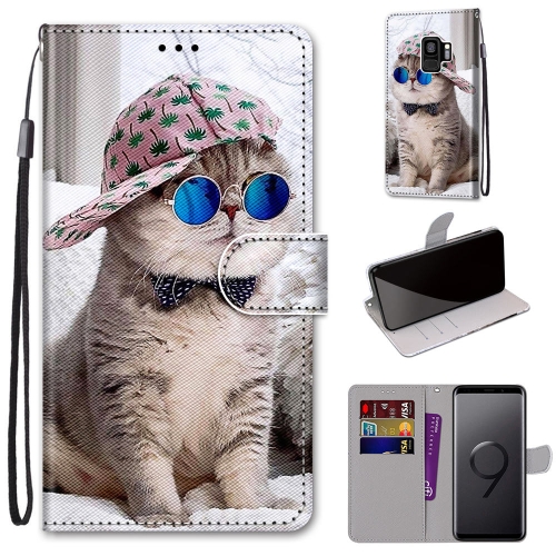 

For Samsung Galaxy S9+ Coloured Drawing Cross Texture Horizontal Flip PU Leather Case with Holder & Card Slots & Wallet & Lanyard(Oblique Hat Blue Mirror Cat)