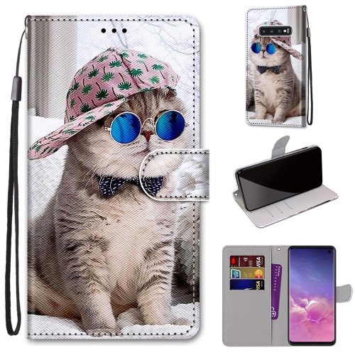 

For Samsung Galaxy S10 Coloured Drawing Cross Texture Horizontal Flip PU Leather Case with Holder & Card Slots & Wallet & Lanyard(Oblique Hat Blue Mirror Cat)