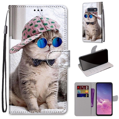 

For Samsung Galaxy S10e Coloured Drawing Cross Texture Horizontal Flip PU Leather Case with Holder & Card Slots & Wallet & Lanyard(Oblique Hat Blue Mirror Cat)