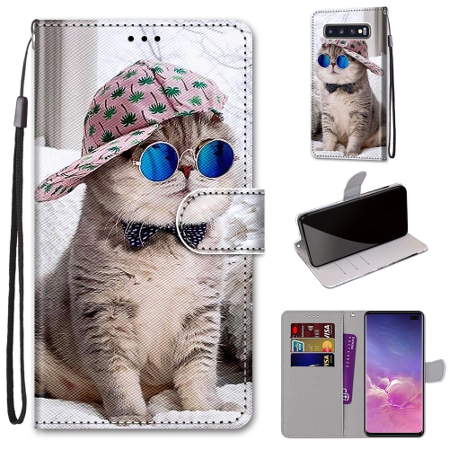 

For Samsung Galaxy S10+ Coloured Drawing Cross Texture Horizontal Flip PU Leather Case with Holder & Card Slots & Wallet & Lanyard(Oblique Hat Blue Mirror Cat)