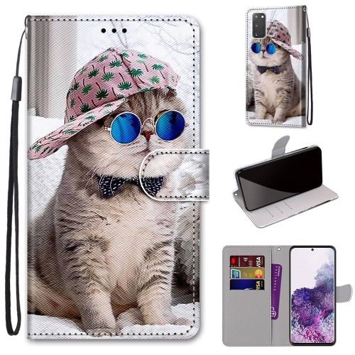 

For Samsung Galaxy S20 Coloured Drawing Cross Texture Horizontal Flip PU Leather Case with Holder & Card Slots & Wallet & Lanyard(Oblique Hat Blue Mirror Cat)