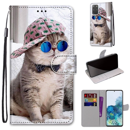 

For Samsung Galaxy S20+ Coloured Drawing Cross Texture Horizontal Flip PU Leather Case with Holder & Card Slots & Wallet & Lanyard(Oblique Hat Blue Mirror Cat)