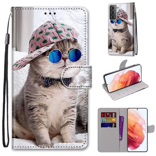 

For Samsung Galaxy S21 5G Coloured Drawing Cross Texture Horizontal Flip PU Leather Case with Holder & Card Slots & Wallet & Lanyard(Oblique Hat Blue Mirror Cat)