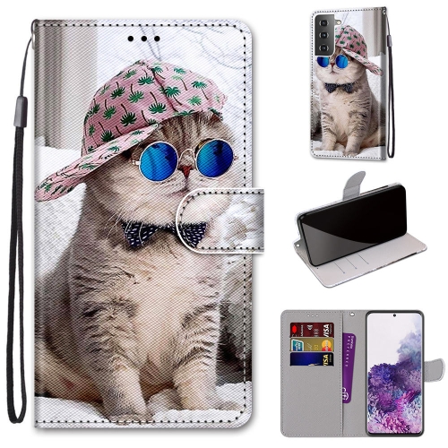 

For Samsung Galaxy S21+ 5G Coloured Drawing Cross Texture Horizontal Flip PU Leather Case with Holder & Card Slots & Wallet & Lanyard(Oblique Hat Blue Mirror Cat)