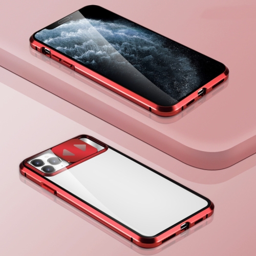 

Sliding Lens Cover Mirror Design Four-corner Shockproof Magnetic Metal Frame Double-sided Tempered Glass Case For iPhone 11(Red)