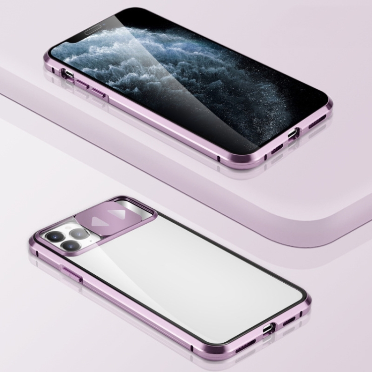 

Sliding Lens Cover Mirror Design Four-corner Shockproof Magnetic Metal Frame Double-sided Tempered Glass Case For iPhone 12 mini(Purple)