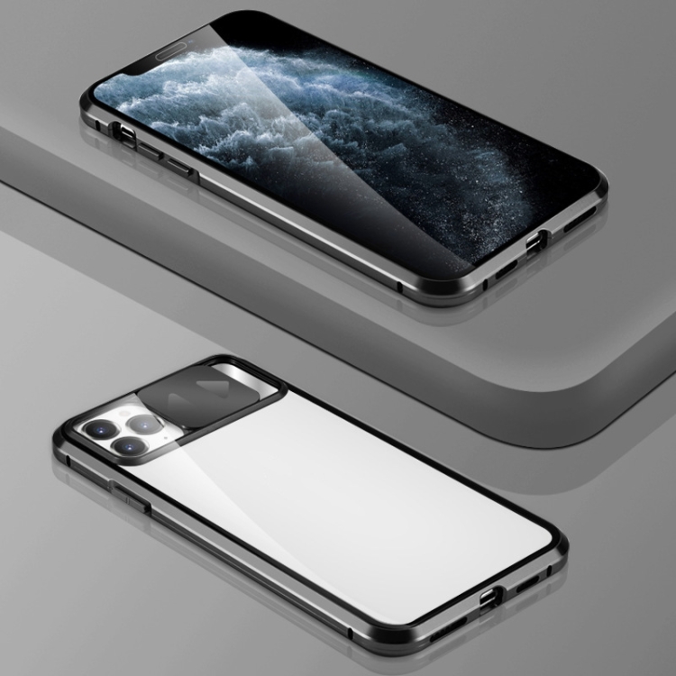 

Sliding Lens Cover Mirror Design Four-corner Shockproof Magnetic Metal Frame Double-sided Tempered Glass Case For iPhone 12 mini(Black)