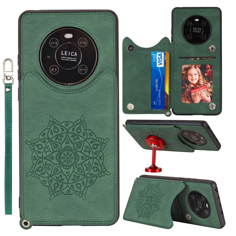 

For Huawei Mate 40 Mandala Embossed PU + TPU Case with Holder & Card Slots & Photo Frame & Strap(Green)