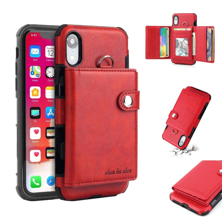 

For iPhone XR Shockproof PC + TPU Protective Case, with Card Slots & Wallet & Photo Frame & Lanyard(Red)