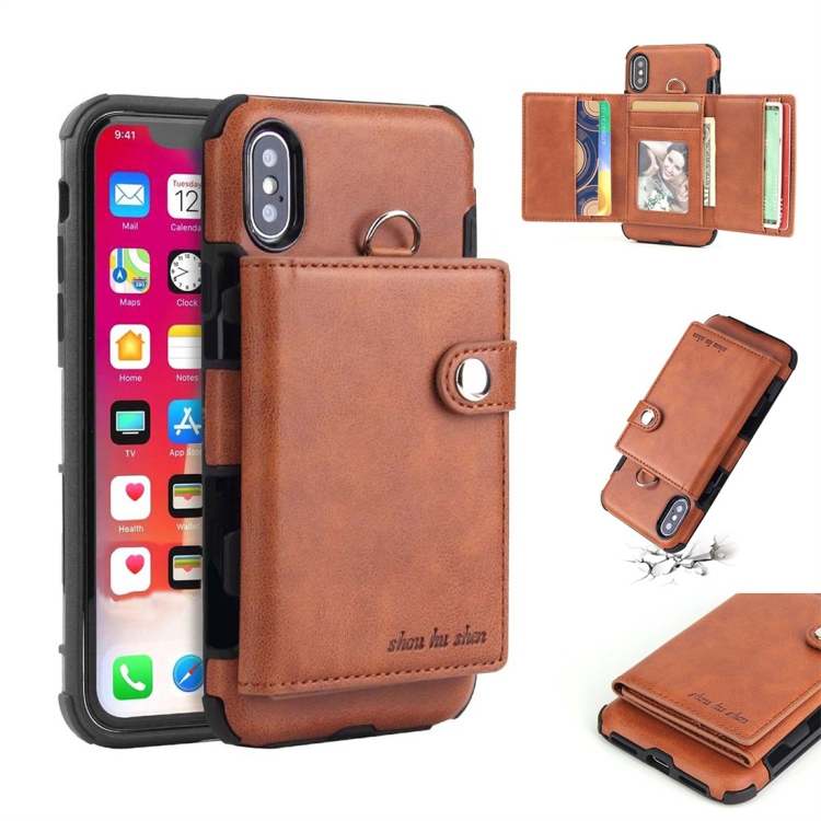 

For iPhone XS Shockproof PC + TPU Protective Case, with Card Slots & Wallet & Photo Frame & Lanyard(Brown)