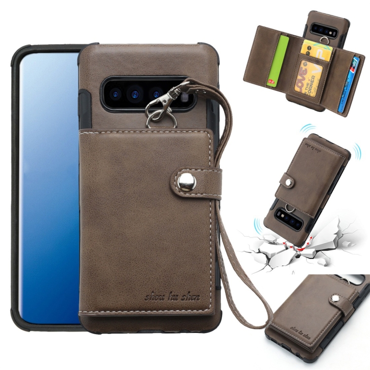 

For Galaxy S10 Plus Shockproof PC + TPU Protective Case, with Card Slots & Wallet & Photo Frame & Lanyard(Dark Brown)