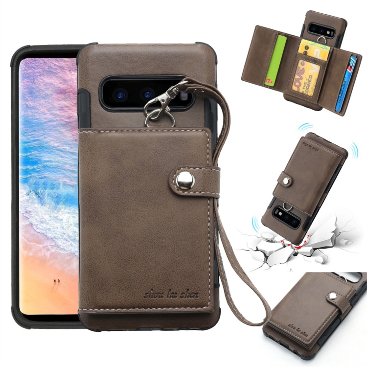 

For Galaxy S10 Shockproof PC + TPU Protective Case, with Card Slots & Wallet & Photo Frame & Lanyard(Dark Brown)