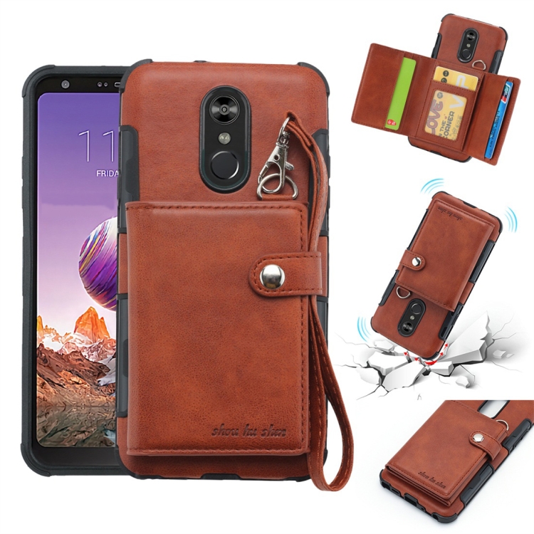 

For LG Stylo 4 Shockproof PC + TPU Protective Case, with Card Slots & Wallet & Photo Frame & Lanyard(Brown)
