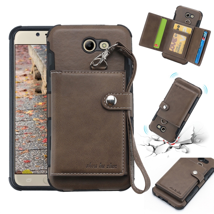 

For Galaxy J7 (2017) US Version Shockproof PC + TPU Protective Case, with Card Slots & Wallet & Photo Frame & Lanyard(Dark Brown)