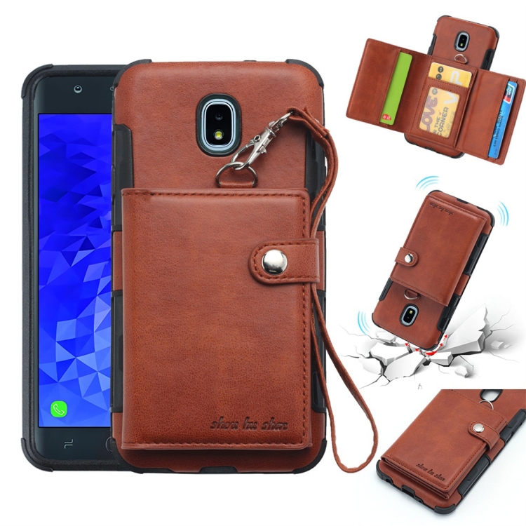 

For Galaxy J7 (2018) US Version Shockproof PC + TPU Protective Case, with Card Slots & Wallet & Photo Frame & Lanyard(Brown)