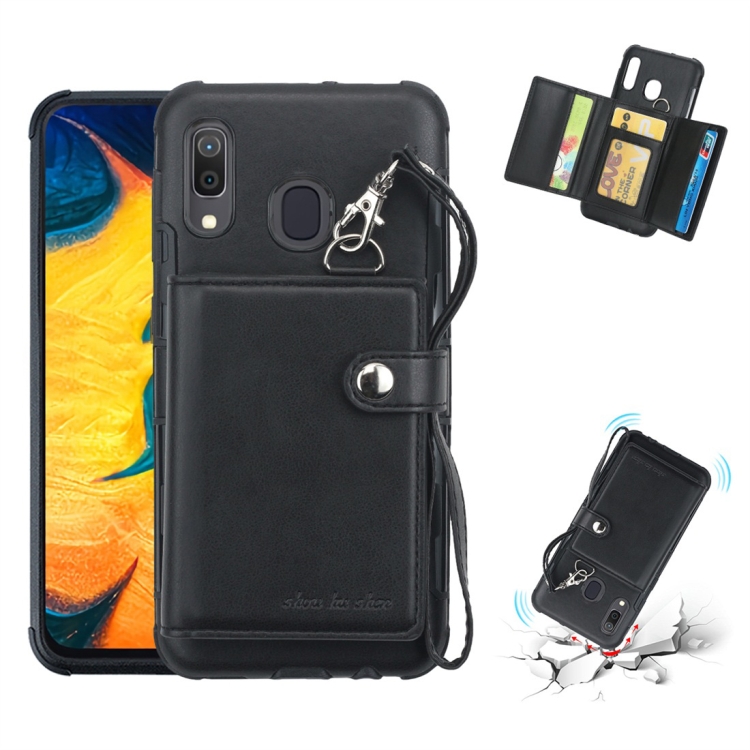 

For Galaxy A30 Shockproof PC + TPU Protective Case, with Card Slots & Wallet & Photo Frame & Lanyard(Black)