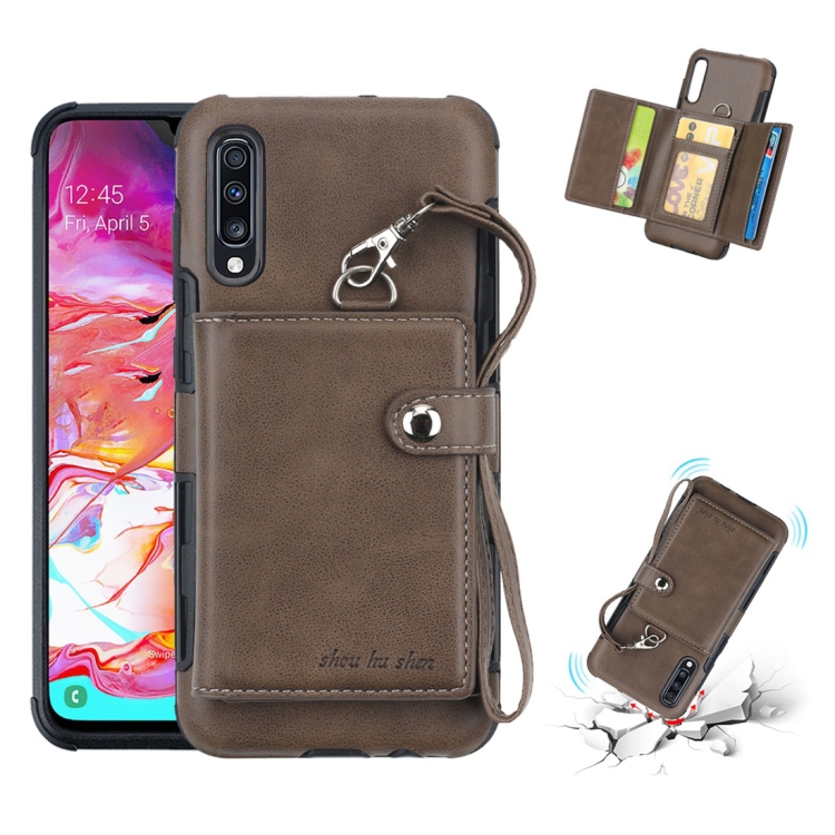 

For Galaxy A70 Shockproof PC + TPU Protective Case, with Card Slots & Wallet & Photo Frame & Lanyard(Dark Brown)