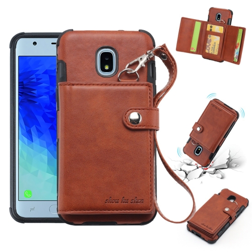 

For Galaxy J3 (2018) Shockproof PC + TPU Protective Case, with Card Slots & Wallet & Photo Frame & Lanyard(Brown)