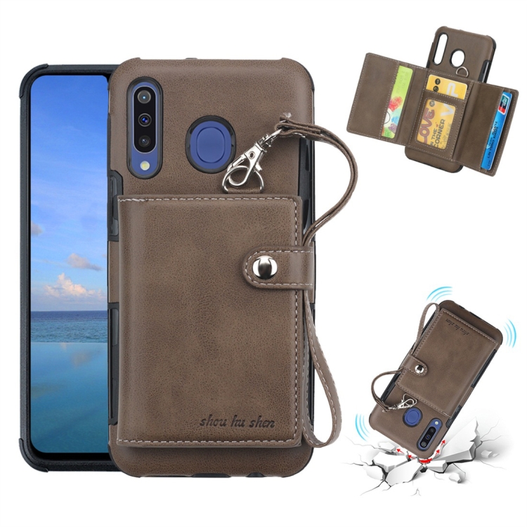 

For Galaxy M30 Shockproof PC + TPU Protective Case, with Card Slots & Wallet & Photo Frame & Lanyard(Dark Brown)