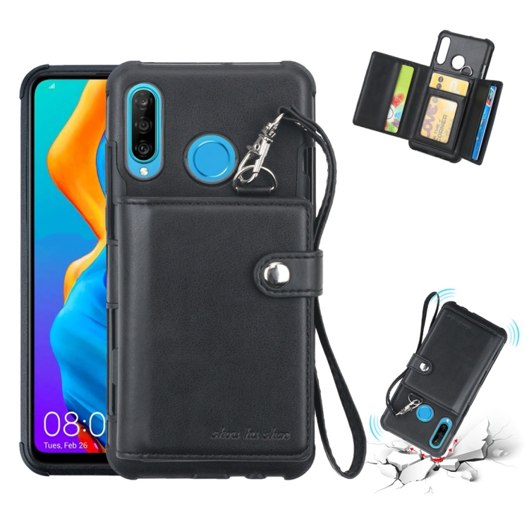 

For Huawei P30 Lite Shockproof PC + TPU Protective Case, with Card Slots & Wallet & Photo Frame & Lanyard(Black)