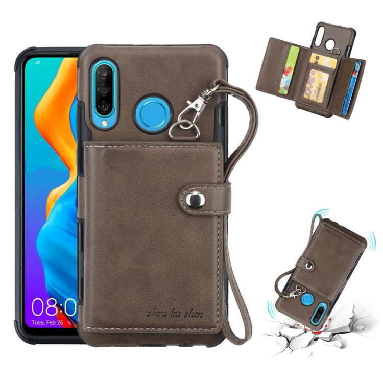 

For Huawei P30 Lite Shockproof PC + TPU Protective Case, with Card Slots & Wallet & Photo Frame & Lanyard(Dark Brown)