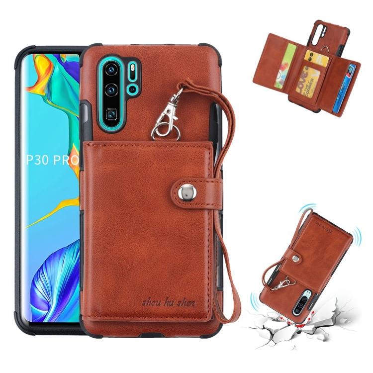 

For Huawei P30 Pro Shockproof PC + TPU Protective Case, with Card Slots & Wallet & Photo Frame & Lanyard(Brown)