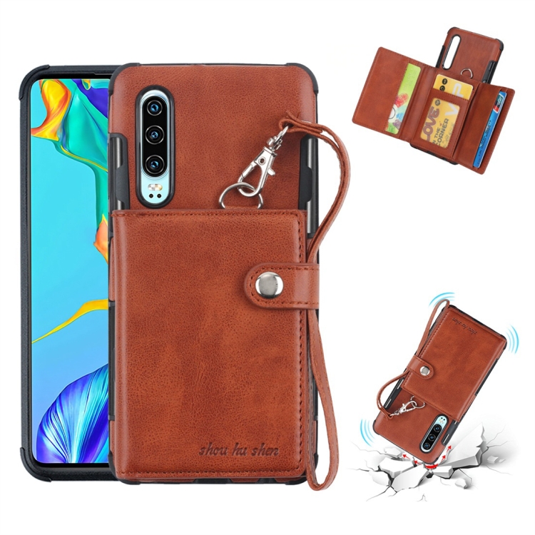 

For Huawei P30 Shockproof PC + TPU Protective Case, with Card Slots & Wallet & Photo Frame & Lanyard(Brown)