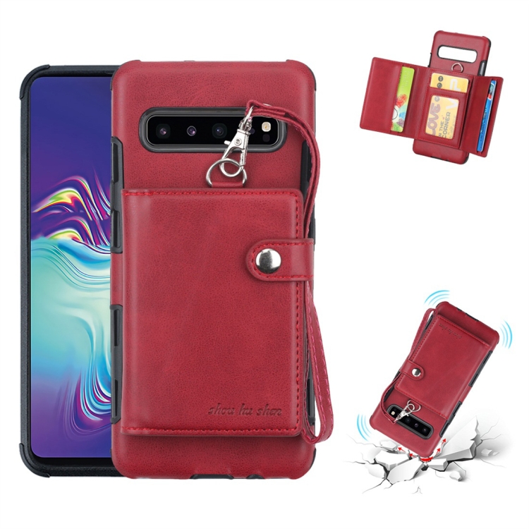 

For Galaxy S10 5G Shockproof PC + TPU Protective Case, with Card Slots & Wallet & Photo Frame & Lanyard(Wine)