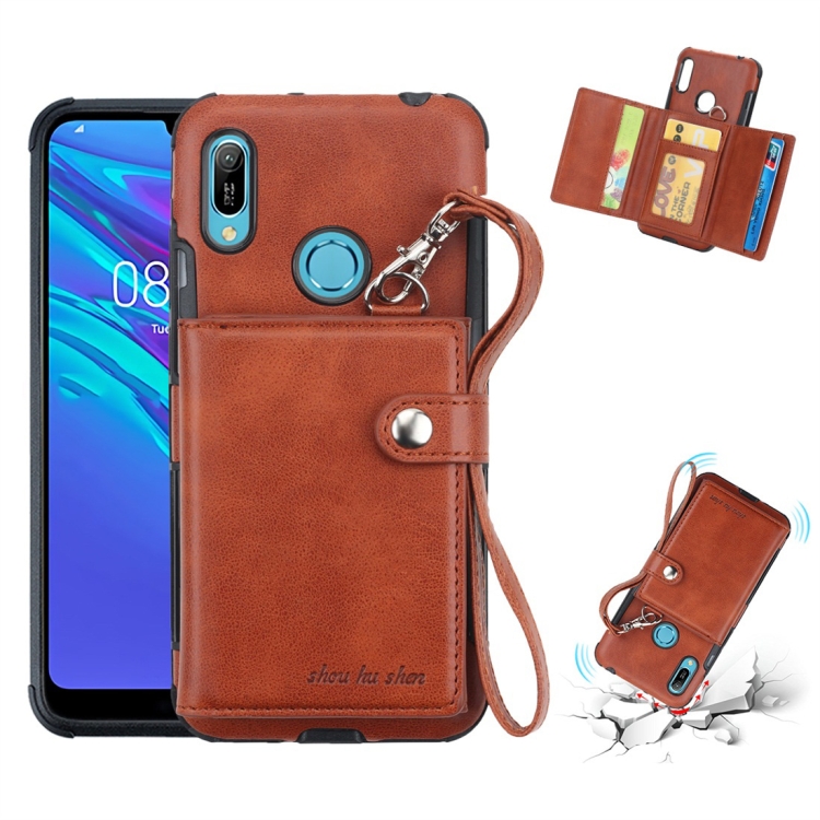 

For Huawei Y6 (2019) Shockproof PC + TPU Protective Case, with Card Slots & Wallet & Photo Frame & Lanyard(Brown)